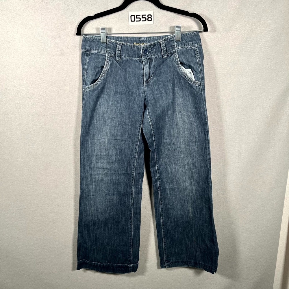 American Eagle Outfitters Wide Leg Jeans Womens 31 Blue Denim‎ Logo Medium Wash